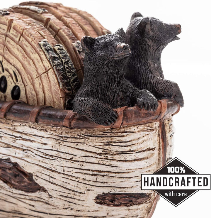 Bear Coasters Set of 6 Rustic Full Size Coasters in Handmade Canoe with Adorable Black Bear Figurine