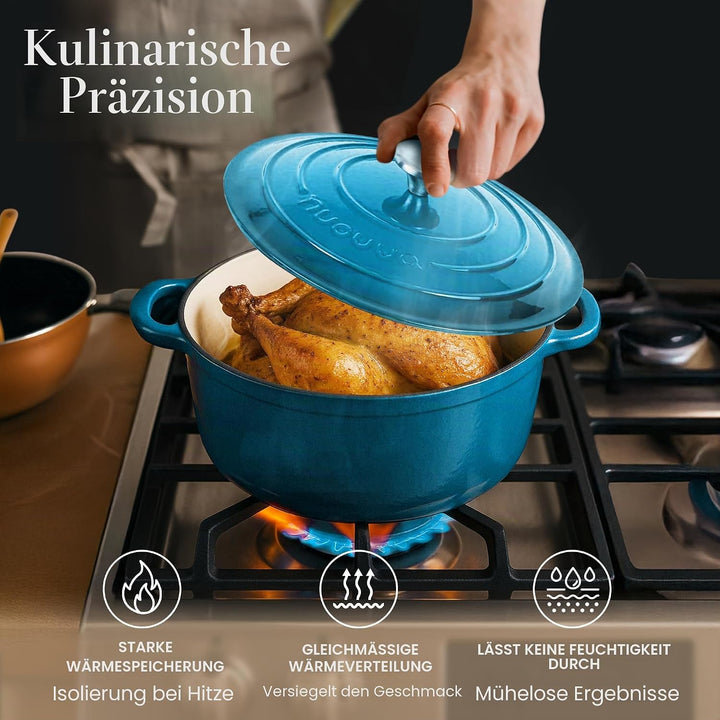 Gusseisen-Topf mit Deckel – Emaille-Schmortopf mit Antihaft, Ofenfest bis 260°C – Blau, 4.7 Liter, 2