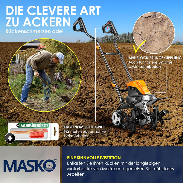 MASKO® elektrische Motorhacke 1500 Watt | 45cm Arbeitsbreite 20cm Arbeitstiefe | Bodenhacke | Ackerf