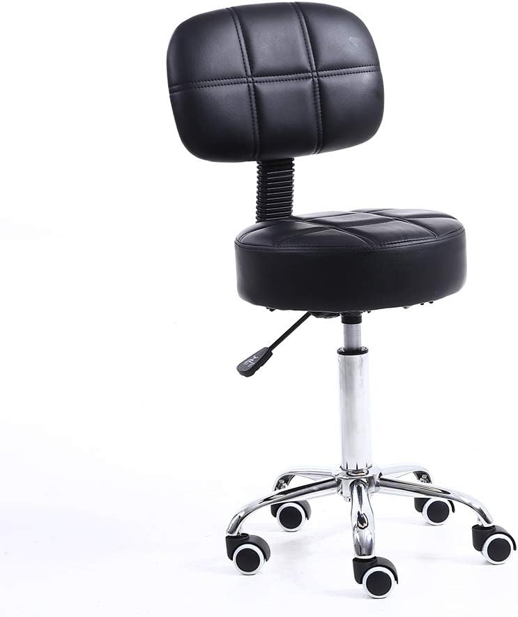 KKTONER Rollhocker mit Rückenlehne Höhenverstellbarer 50-64cm Schwarz | 360° drehbar Salon Hocker PU