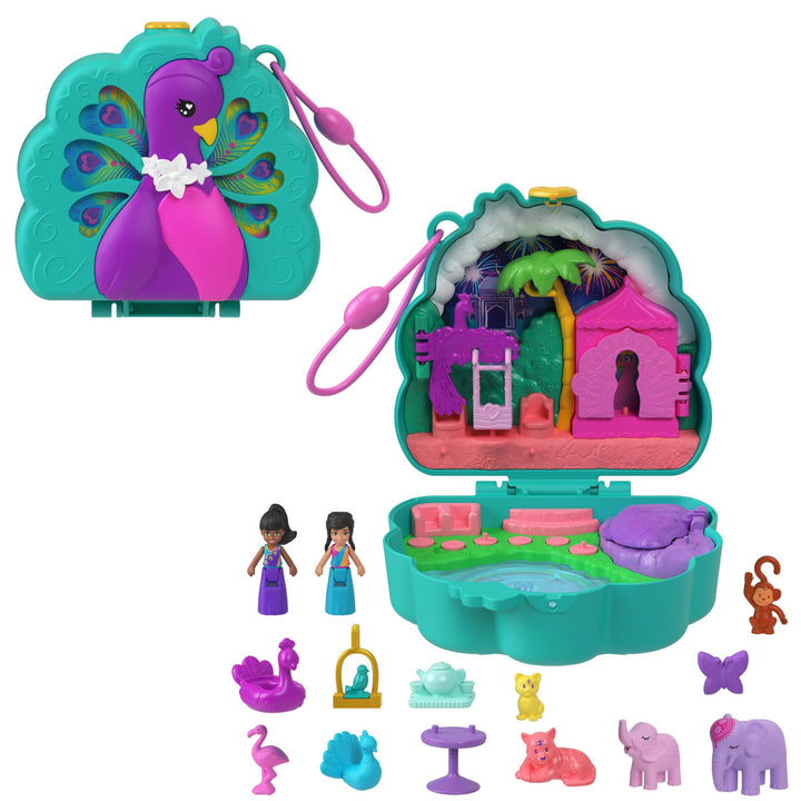 Polly Pocket-Puppen und Spielset, Peacock Garden-Schatulle, Reisespielzeug mit 2 kleinen Puppen und