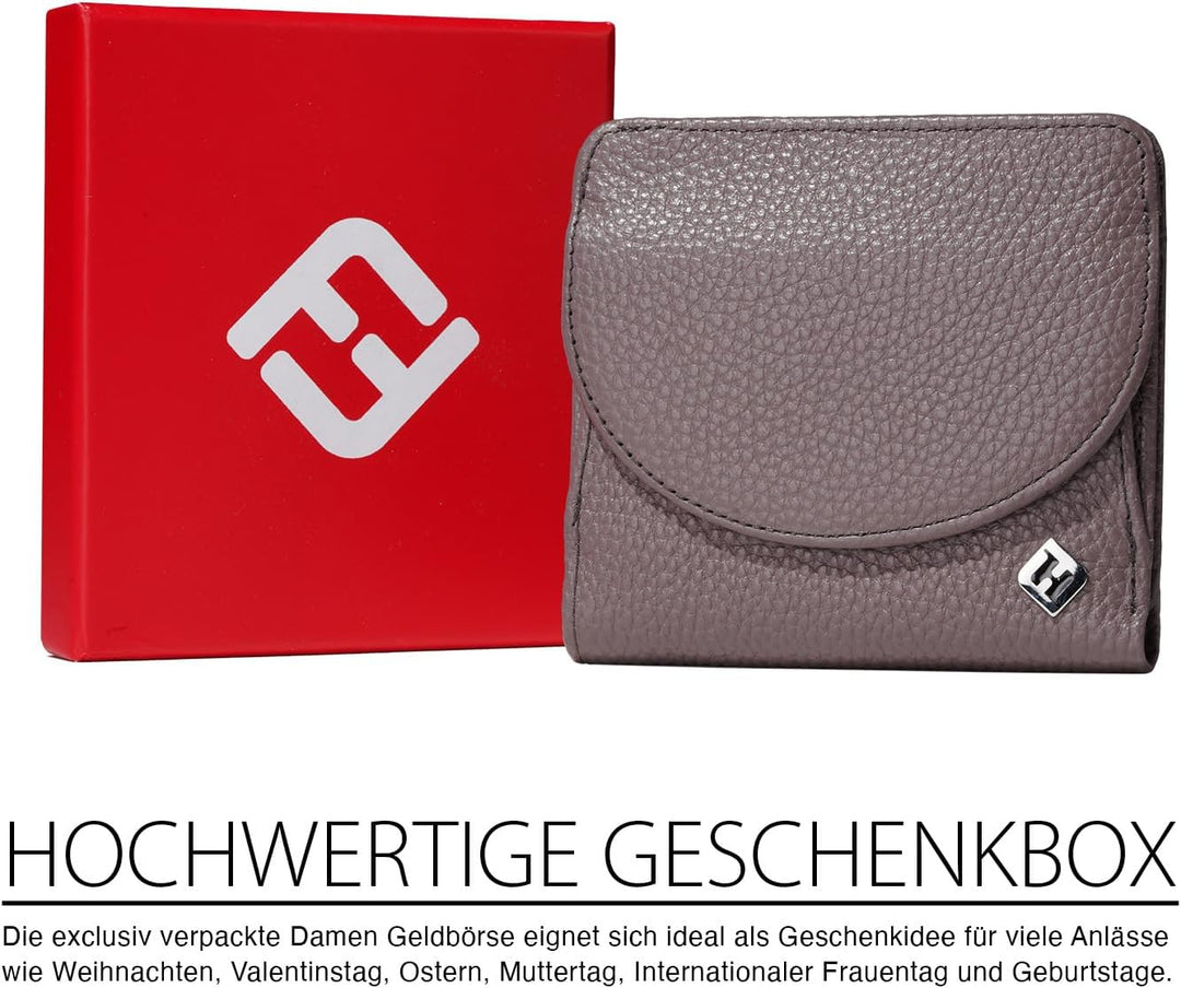 Geldtasche Damen klein, Reise Portemonnaie, viele Fächer, Leder Flieder, RFID Blocker, Münzfach gros