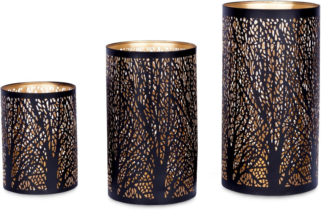 3er Set Windlichter Metall Schwarz Gold Kerzenhalter Deko Laterne Design