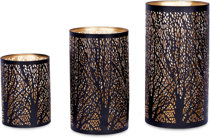 3er Set Windlichter Metall Schwarz Gold Kerzenhalter Deko Laterne Design