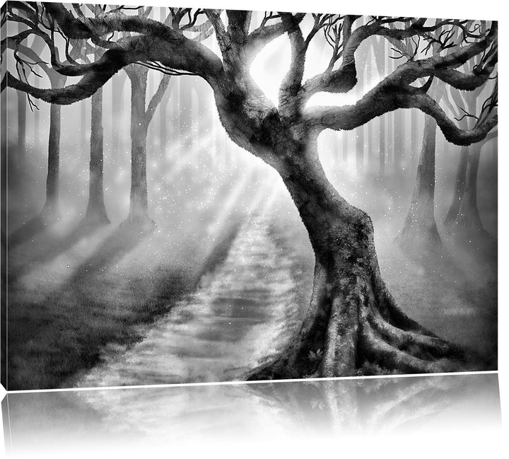 Pixxprint Baum am Waldweg / 100x70cm Leinwandbild bespannt auf Holzrahmen/Wandbild Kunstdruck Dekora