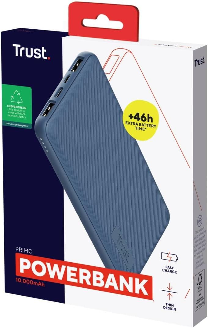 Trust Mobile Primo Dünne Powerbank Schnellladefunktion 10000 mAh, Nachhaltig, USB C Externer Akku, T