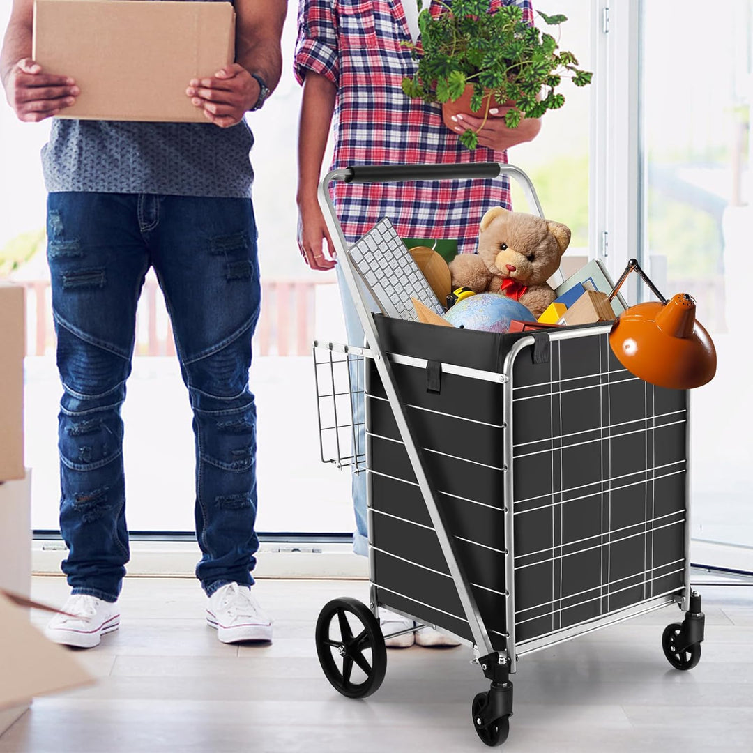 COSTWAY Einkaufstrolley Klappbar, Einkaufswagen auf Rollen mit Abnehmbarer Oxford-Tasche & 2 Körben,
