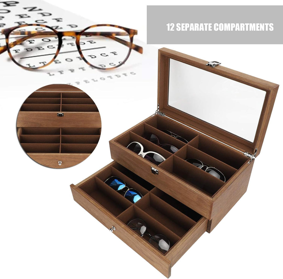 Doppelschichtige hölzerne Aufbewahrungsbox für Brillen, 12-Schlitz-Brillenbox Holz-Doppelschicht-Vit