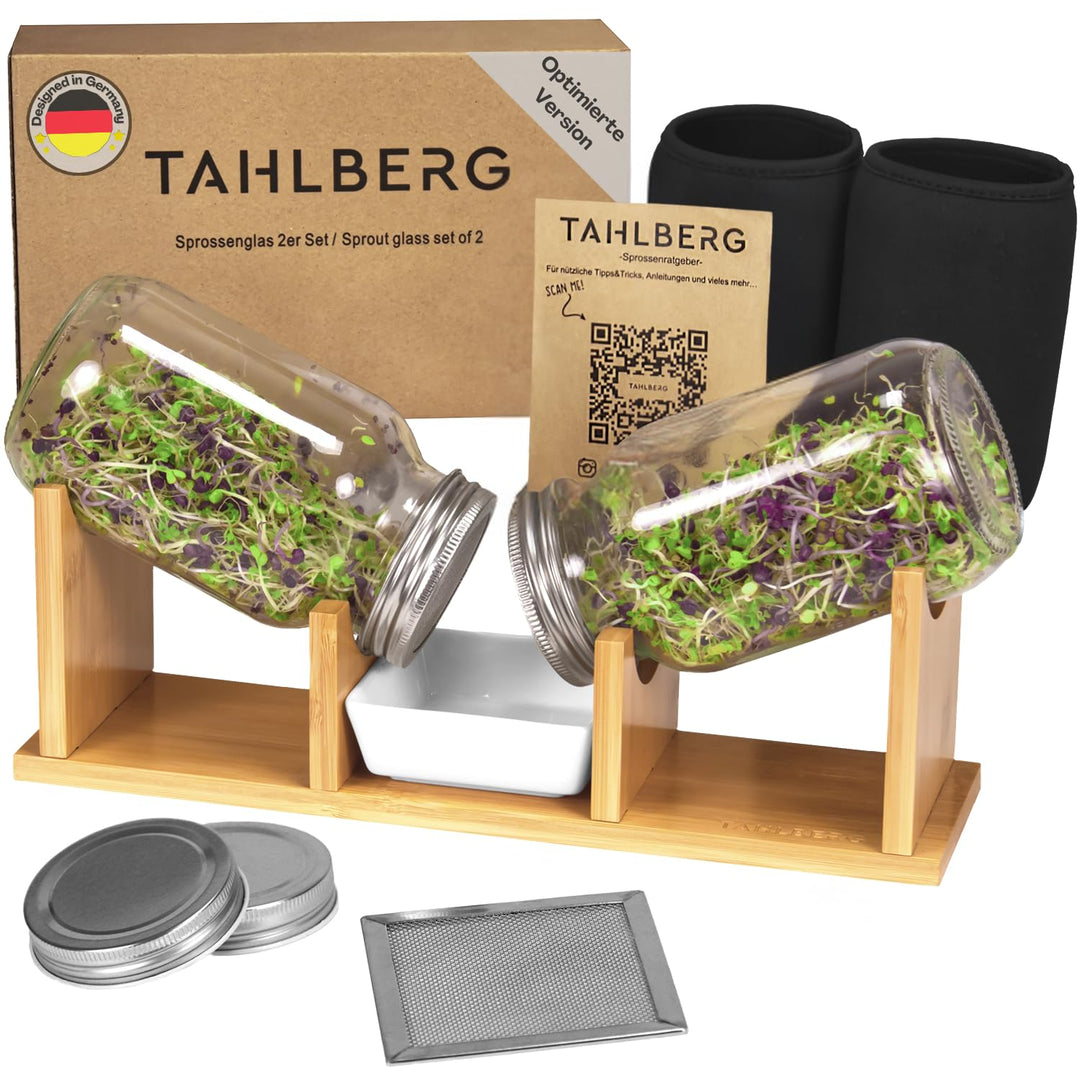 Sprossenglas 2er Set – hochwertiges Sprossenglas Keimglas Set aus Bambus + Kressesieb & Keimschale –