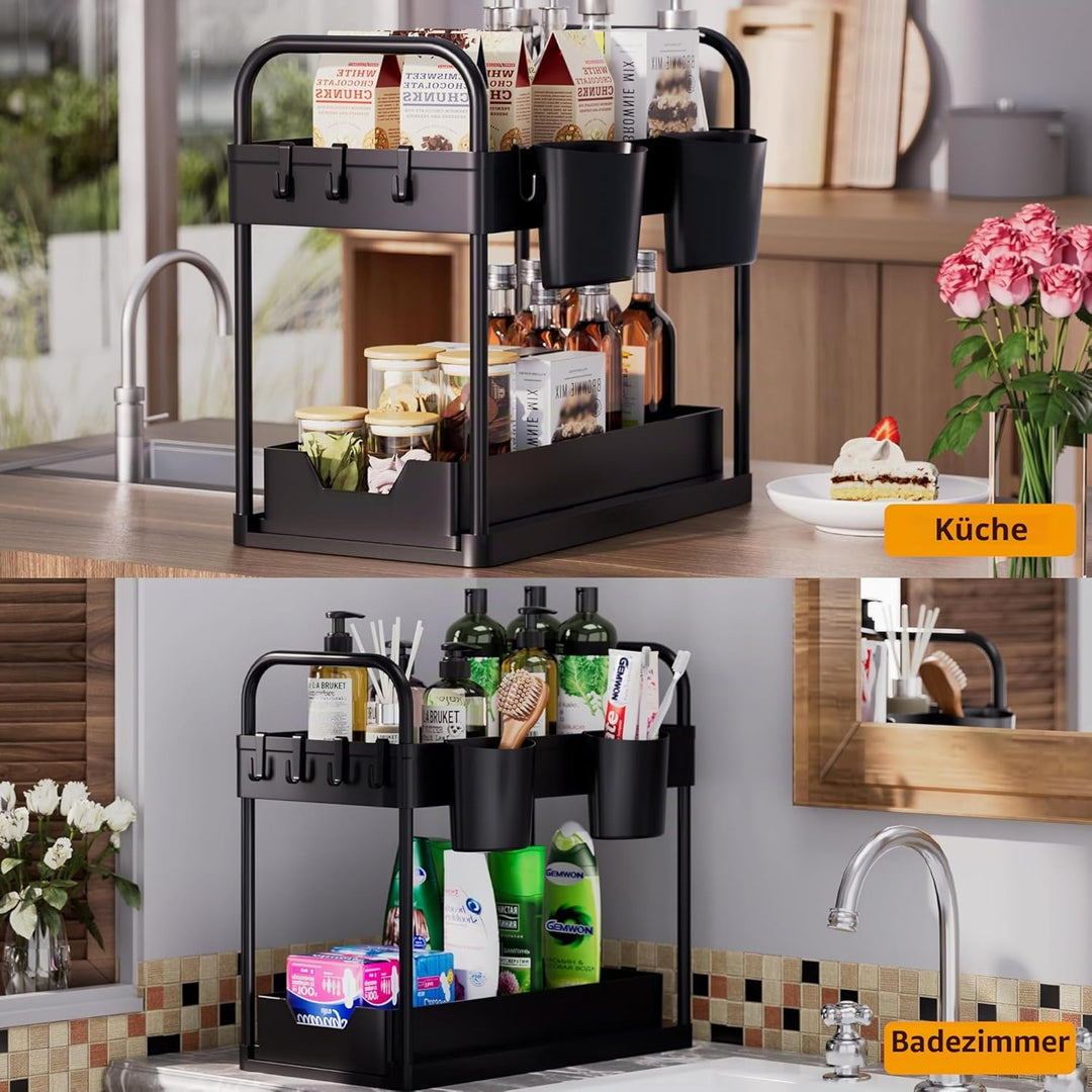 GEMWON Küchen Organizer,2 Etagen Unter Waschbecken Regal mit 4 Haken & 2 Tassen,Spülschrank Organize