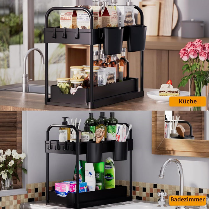 GEMWON Küchen Organizer,2 Etagen Unter Waschbecken Regal mit 4 Haken & 2 Tassen,Spülschrank Organize