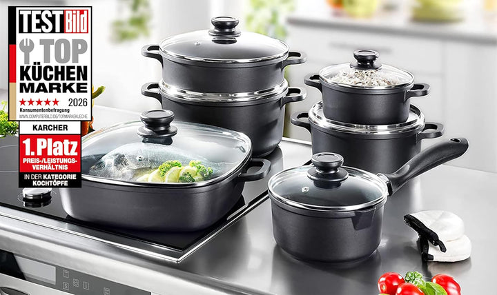 Karcher 112914 Topfset (Aluguss, 12-teilig, Teflon-Classic-Antihaftbeschichtung, inkl. Glasdeckel un