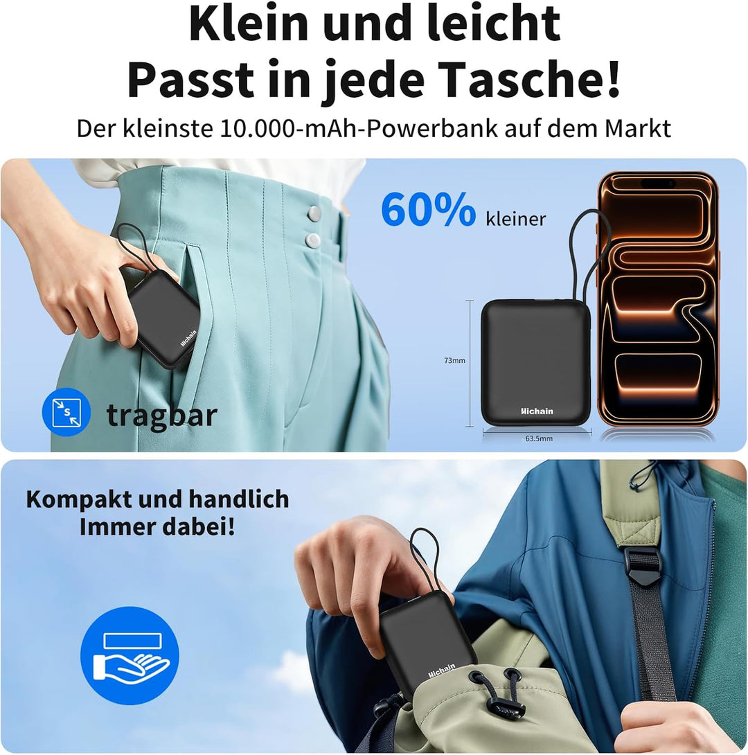 Hichain Power Bank Klein, 10000mAh 22,5W Powerbank USB C Schnellladen mit Integriertem USB-C Kabel,