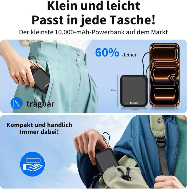 Hichain Power Bank Klein, 10000mAh 22,5W Powerbank USB C Schnellladen mit Integriertem USB-C Kabel,