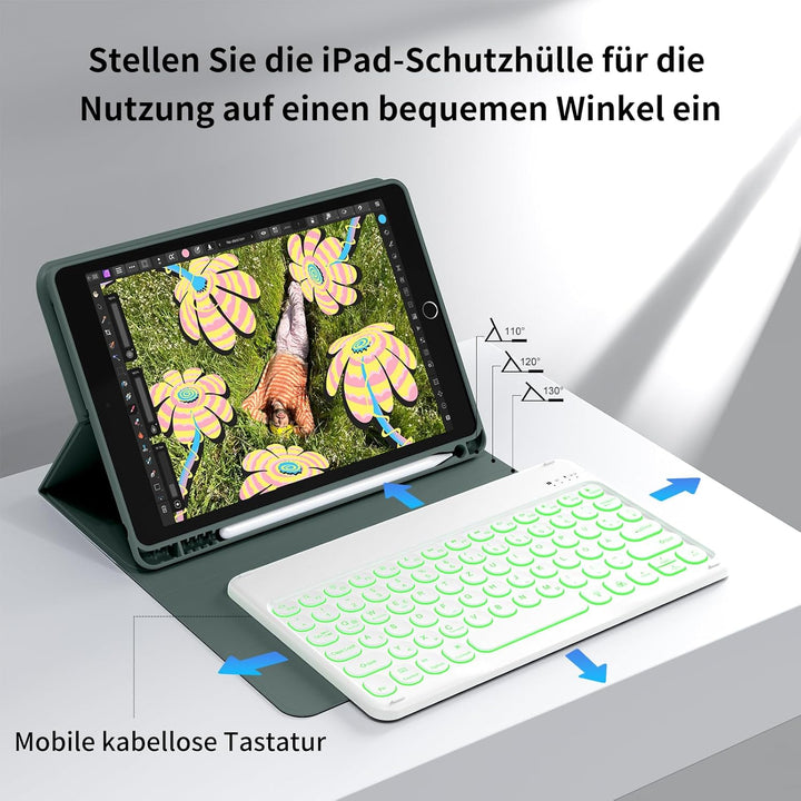 aoub Hülle mit Tastatur für iPad 9./ 8. / 7. Generation, Beleuchtete Tastatur mit Hülle für iPad 10,