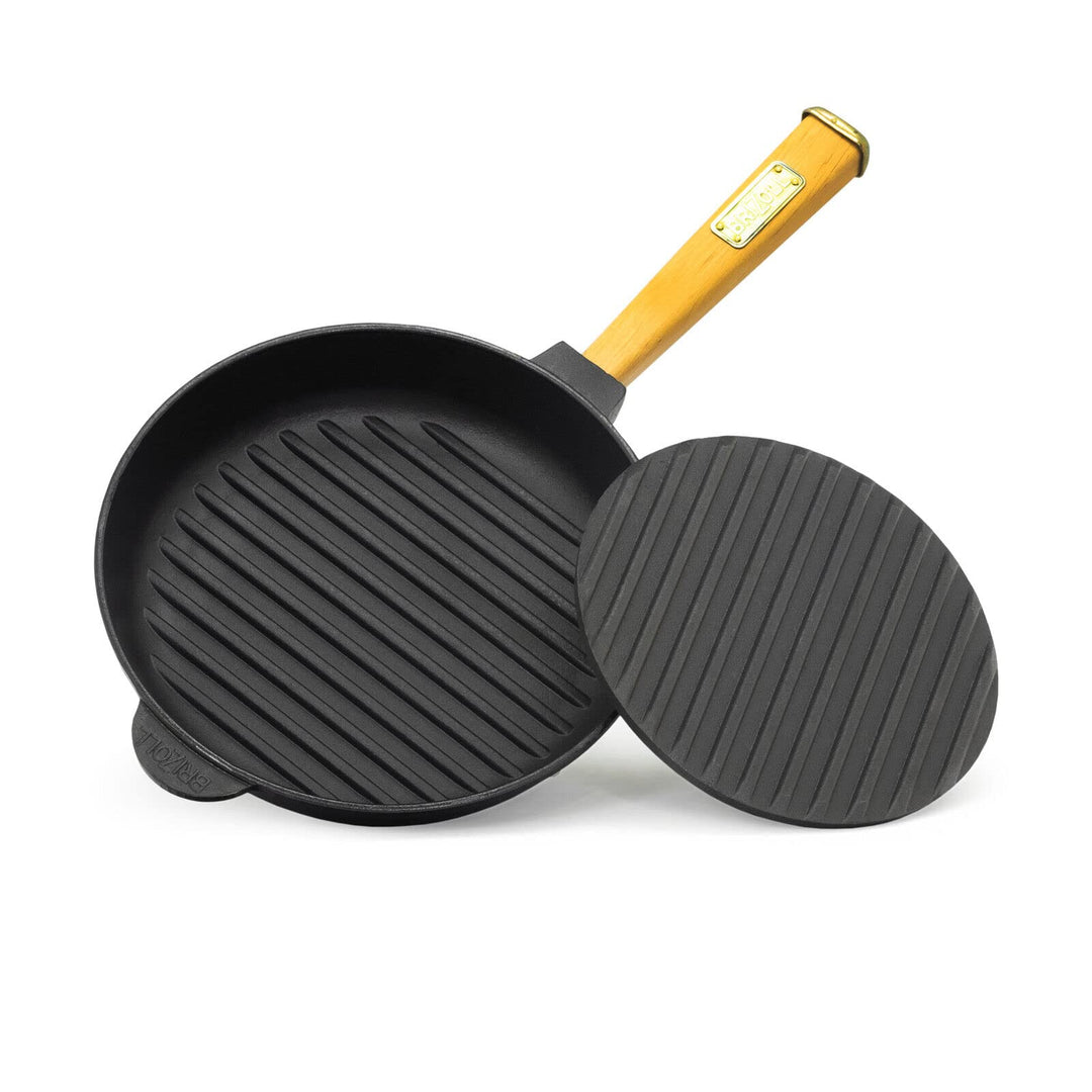 4BIG.fun Ø28cm Grillpfanne Gusseisen mit Pressdeckel Induktion Holzgriff Bratpfanne Pfanne Feuerpfan