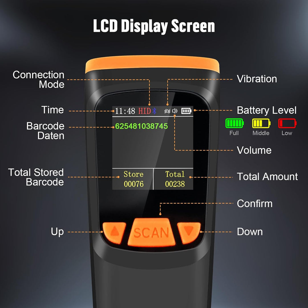 OBZ Barcode Scanner Kabellos mit Display, 1D 2D QR Code Scanner Bluetooth/USB/2.4G Wireless, Tragbar