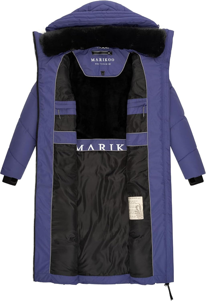 MARIKOO Damen Wintermantel Warmer Steppmantel lang mit Verstellbarer Kapuze und hohem Kragen Nadaree