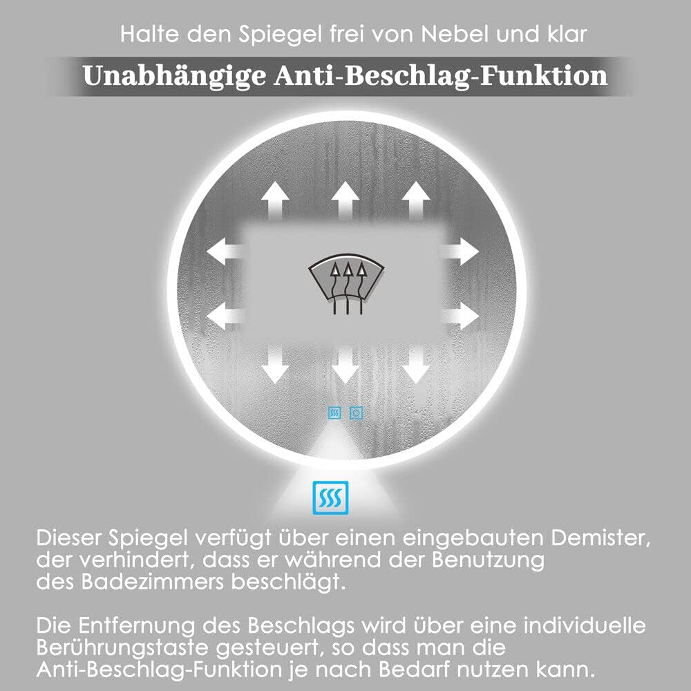 Badspiegel mit Beleuchtung Rund, Dimmbar 3 Lichtfarbe Kaltweiss Warmweiss Beschlagfrei LED Spiegel B