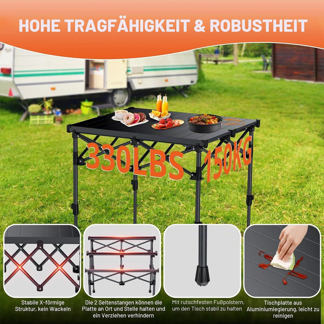 FUNYKICH Aluminium Klapptisch mit Tragetasche 67x58cm, X Form klappbarer Grilltisch mit 2 Höhenverst