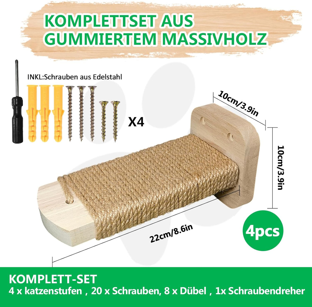 Katzentreppe Wand(4pcs), Kletterwand Katzen, mit Einlage-Handwerkskunst, aus 2cm Massives Gummiholz,