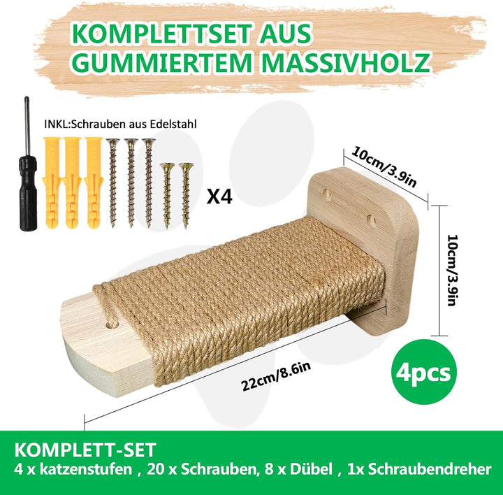 Katzentreppe Wand(4pcs), Kletterwand Katzen, mit Einlage-Handwerkskunst, aus 2cm Massives Gummiholz,