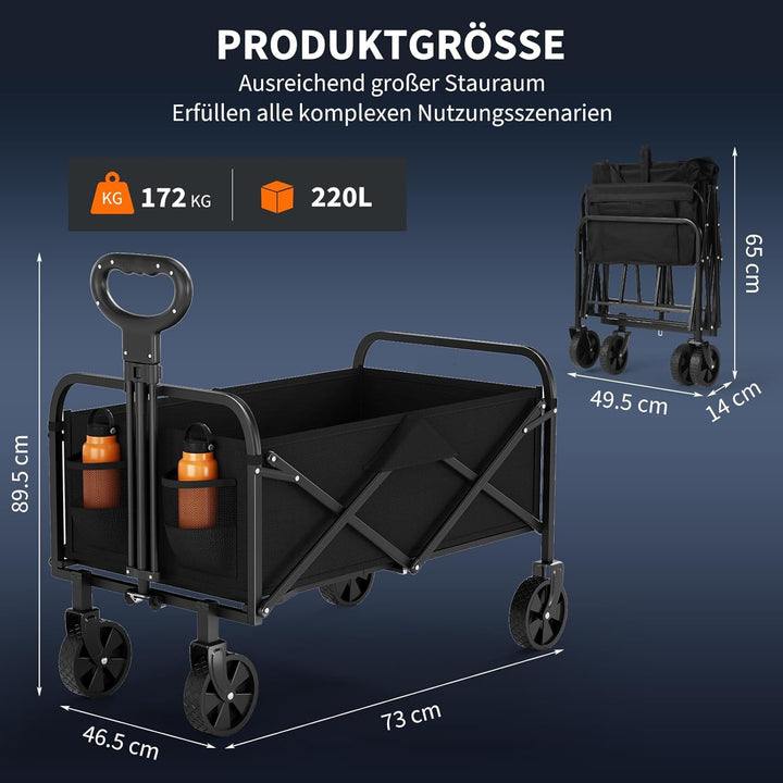 220L Faltbarer Schwerlast Bollerwagen, 172kg-200kg Traglast Transportwagen mit 360°Geländerädern,Sta