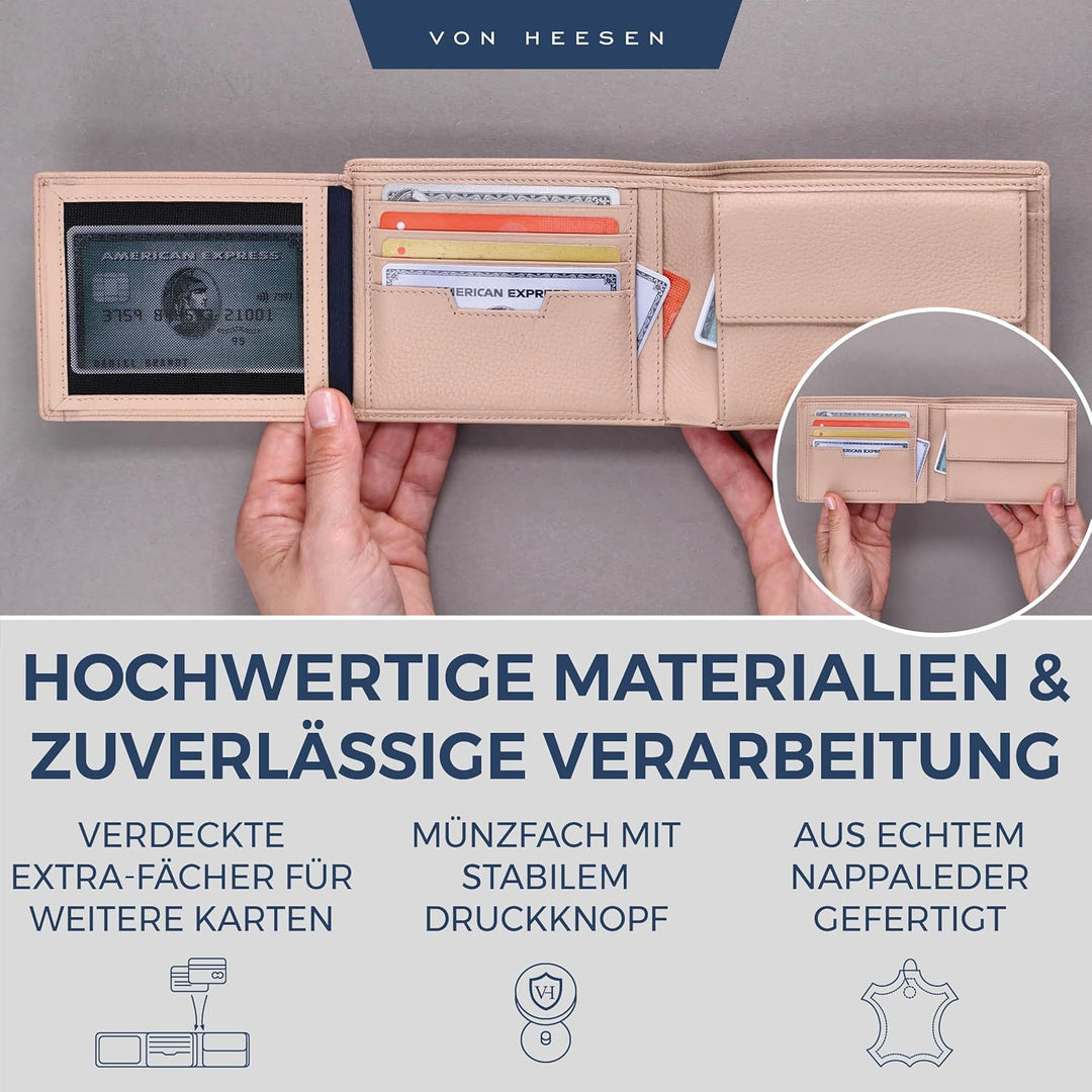 VON HEESEN Leder Geldbörse RFID Schutz I Echtleder Geldbeutel für Damen & Herren I Portemonnaie Brie