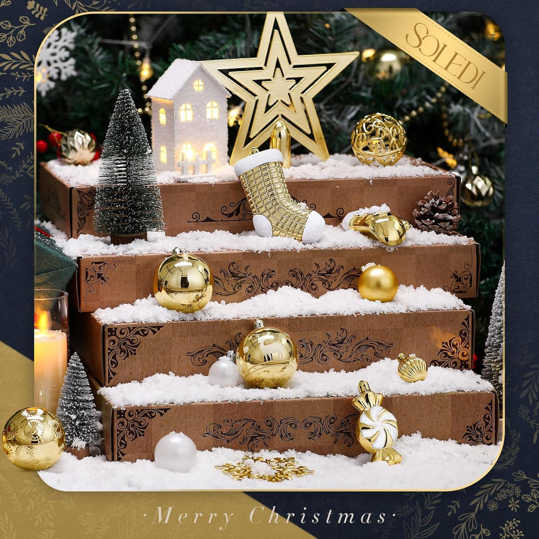 SOLEDI® 128er Set Premium Weihnachtskugeln Kunststoff Gold Weiss mit Baumspitze Stern - Robuste und