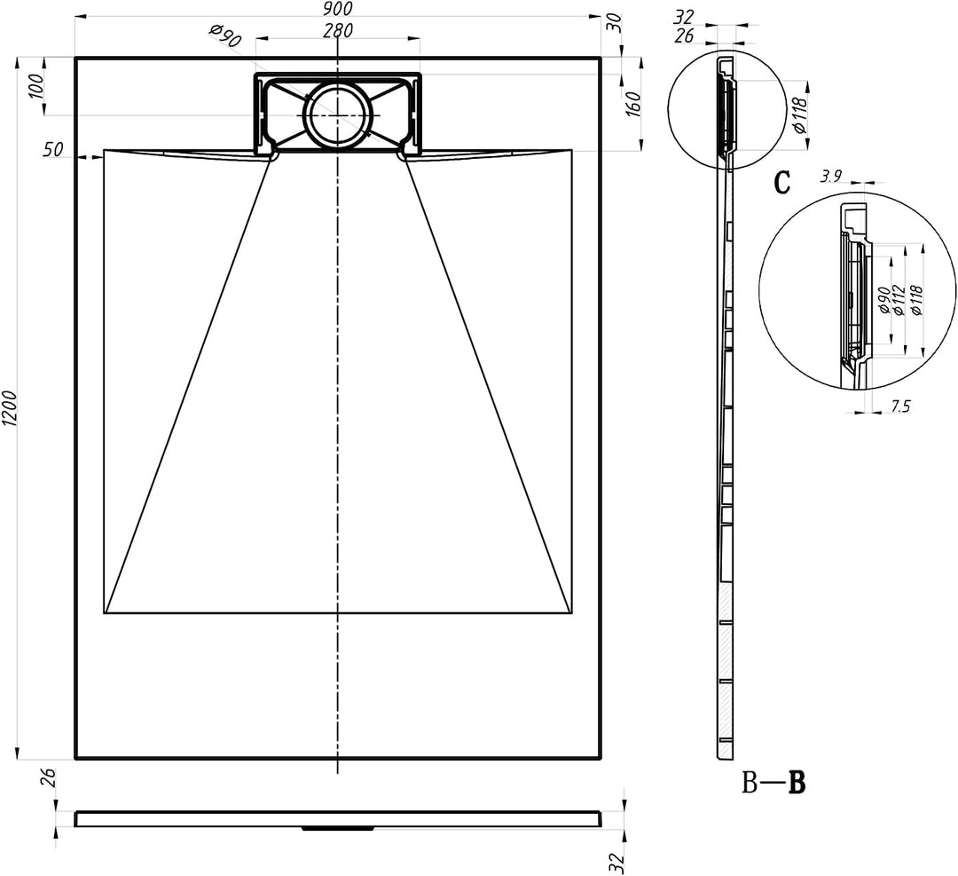 SONNI Duschwanne 140x90 cm, 32 mm Extra Flach, Schwarz, SMC, Ohne Siphon | Duschtasse, Schieferoptik
