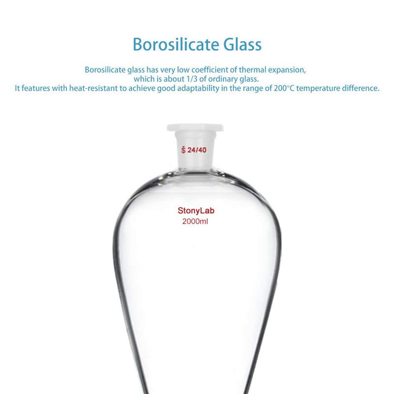 StonyLab 2000 ml Trichter aus Borosilikatglas, Separatory Funnel, Schwerwandig Konisch mit 24/40 Gel