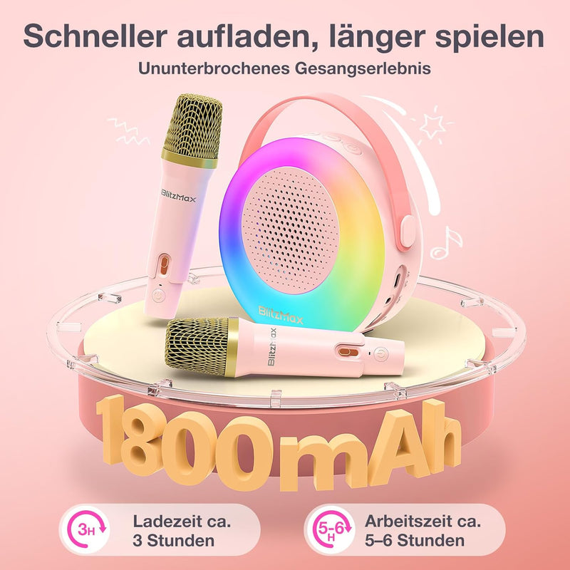 BlitzMax Karaoke Maschine für Kinder Erwachsene Bluetooth Mini Karaoke Lautsprecher mit 2 Mikrofonen