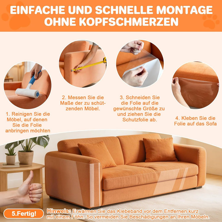 ETACCU Kratzschutz Sofa Katze, 3 mm Dicke, 40cm x 5 m | Kratzfolie Katzen Selbstklebend , 0,3 mm PVC
