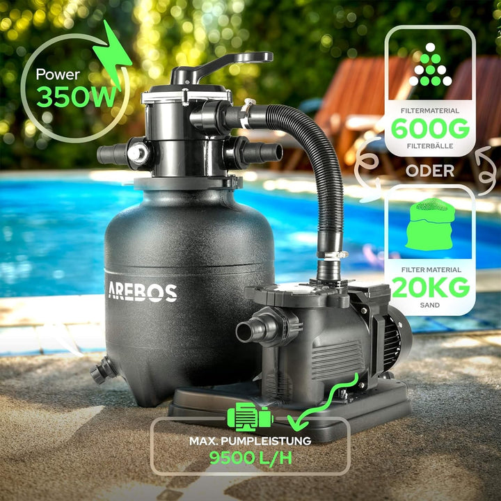 Arebos Sandfilteranlage mit Pumpe inkl. 1400g Filterbälle + 2m Schlauch | Schwarz | 400W | 10.200 L/