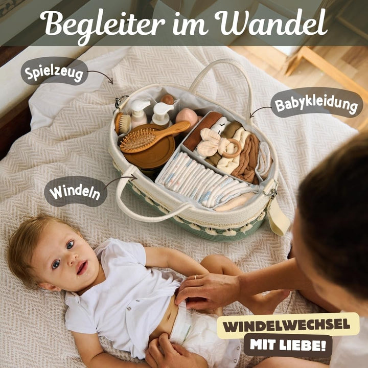 SEBRAM Wickeltisch Organizer Baby – Wickelkorb Boho aus Baumwollseil, Windel Organizer Caddy & Winde