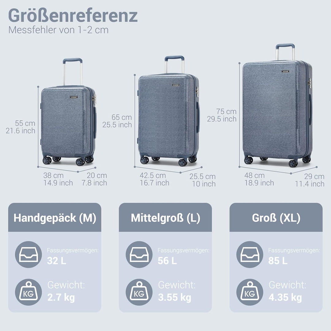 KONO Kofferset 3 Teilig Hartschale Leicht ABS+PC Koffer Handgepäck/Mittelgross/Gross Reisekofferset