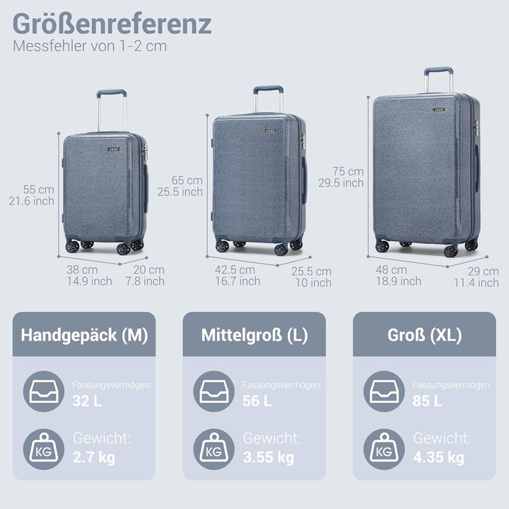 KONO Kofferset 3 Teilig Hartschale Leicht ABS+PC Koffer Handgepäck/Mittelgross/Gross Reisekofferset
