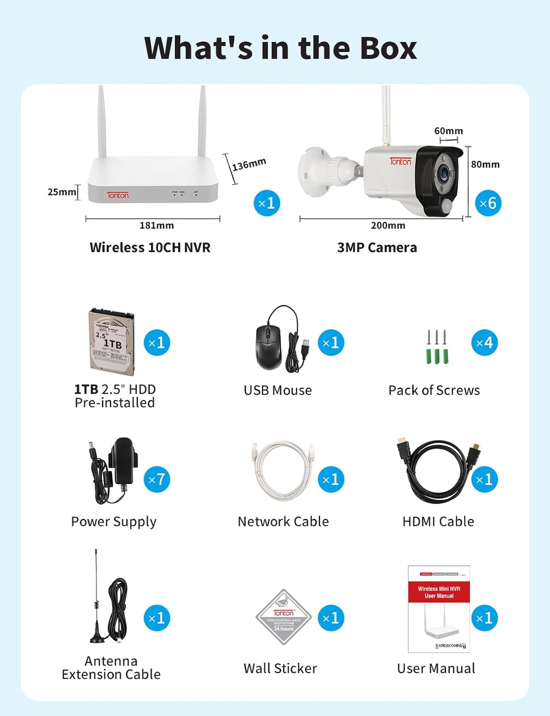 2K WLAN Überwachungskamera Set Aussen, 6pcs 1296P WiFi Kamera Outdoor Set, 10CH NVR mit 1TB Festplat