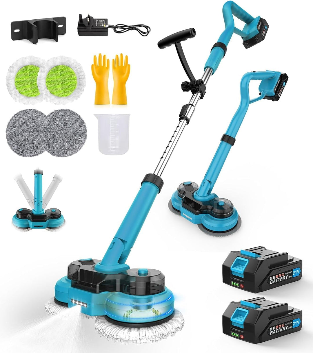 Elektrischer Mopp mit 2x2000 mAh Akkus, Bodenreiniger Spin Mop, Bodenwischer Elektrisch Kabellos, Wi