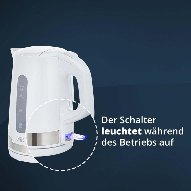 KHG Wasserkocher für 1,7 Liter Wasser, 2.200 Watt, kabellose Kanne, 360° Sockel, Abschaltautomatik,