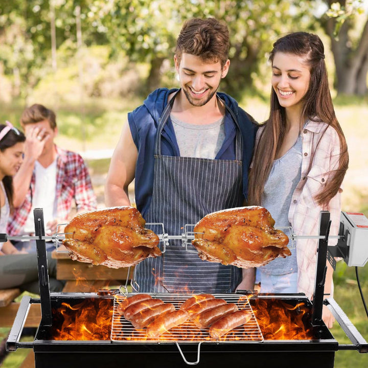 Grillspiess Set, Drehspiess mit 4X Fleischnadeln, 117cm Grillspiess mit Edelstahl Motor 220V - 240V,