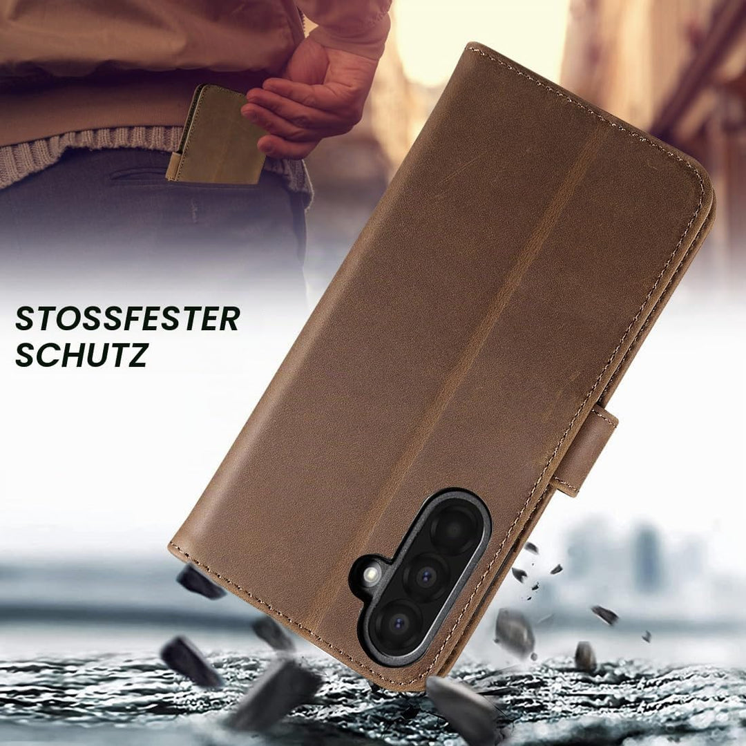 LENSUN Lederhülle für Samsung Galaxy A26 5G, Echtleder Hülle [Kartenfach][RFID Schutz][Echtes Leder]