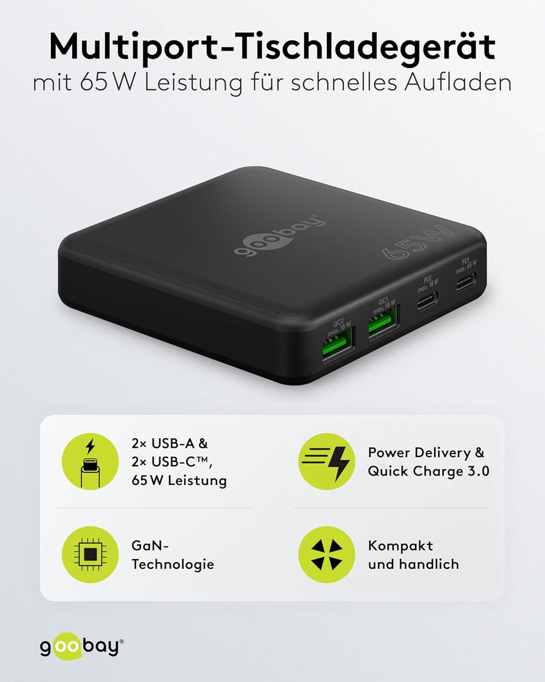 goobay 61772 Multiport 4-Fach USB-C Ladegerät mit 65W Leistung/lädt mehrere Geräte gleichzeitig über
