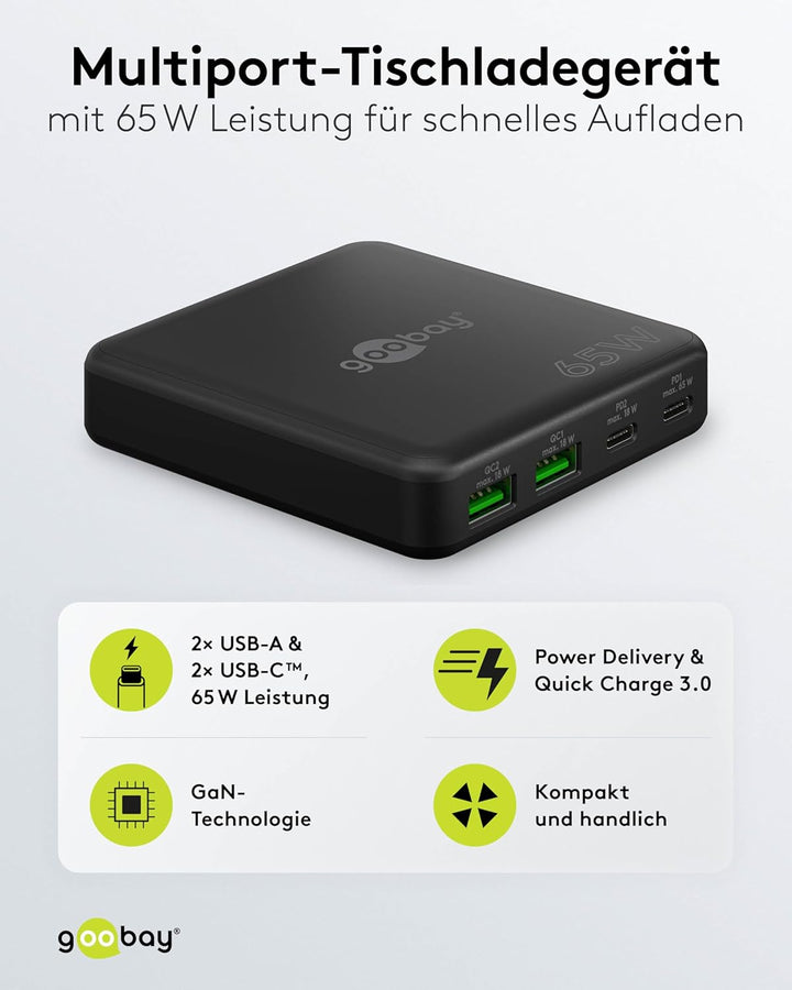 goobay 61772 Multiport 4-Fach USB-C Ladegerät mit 65W Leistung/lädt mehrere Geräte gleichzeitig über