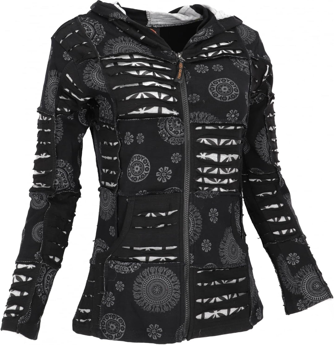 GURU SHOP Goa Patchwork Jacke, Kapuzenjacke, Damen, Baumwolle, Schwarz