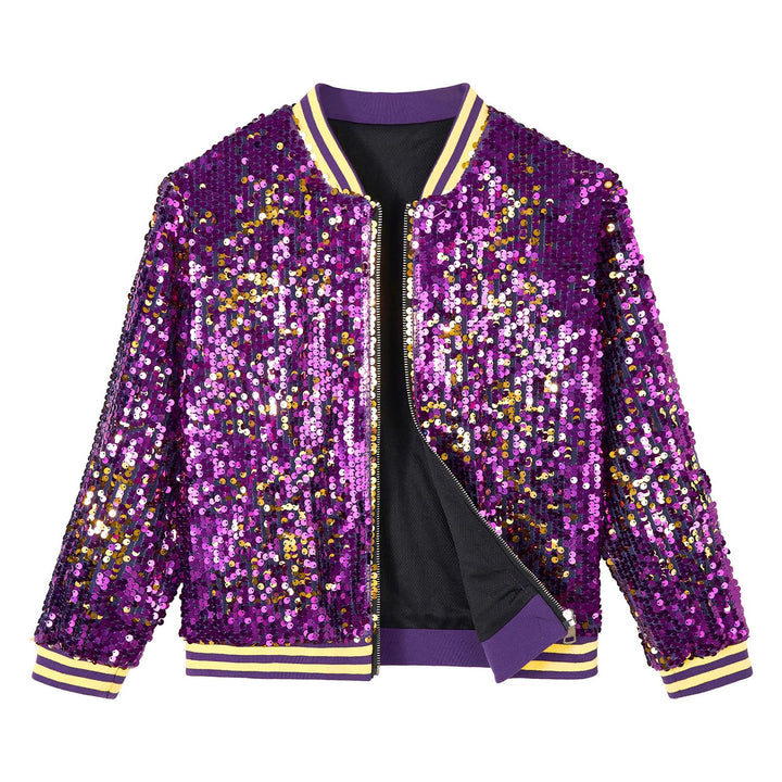 LOLANTA Mädchen Pailletten Bomberjacke mit Taschen Reissverschluss Langarm Glitzer Baseball Jacken f