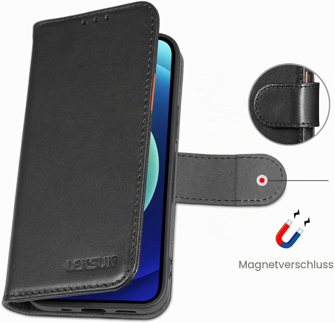 LENSUN Echtleder Hülle für iPhone 12 Mini, Handyhülle [Echtes Leder][Magnetverschluss][RFID Schutz]
