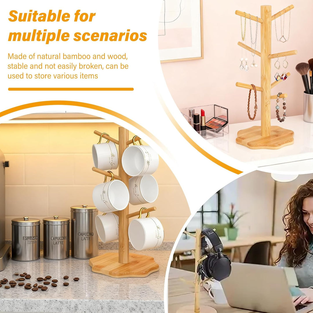 SUNOYA 2 Stück Brezelständer, Pretzel Stand, Höhe 34,5cm, Tassenständer Holz Mit 6 Haken Und Verdick
