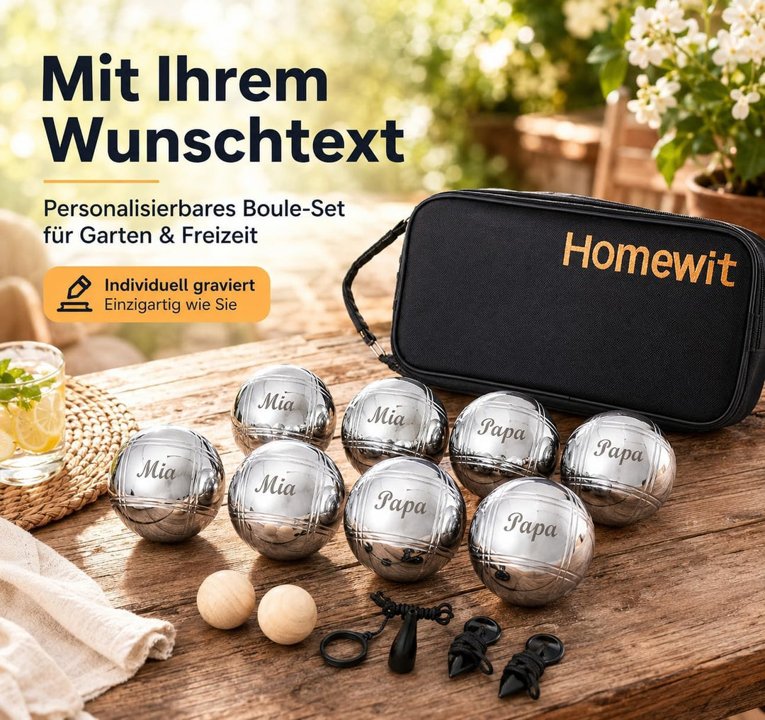 Homewit Personalisierte Boule Set, 8 Metall Kugeln mit Gravur, Profi Boccia Kugeln mit Tragetasche,