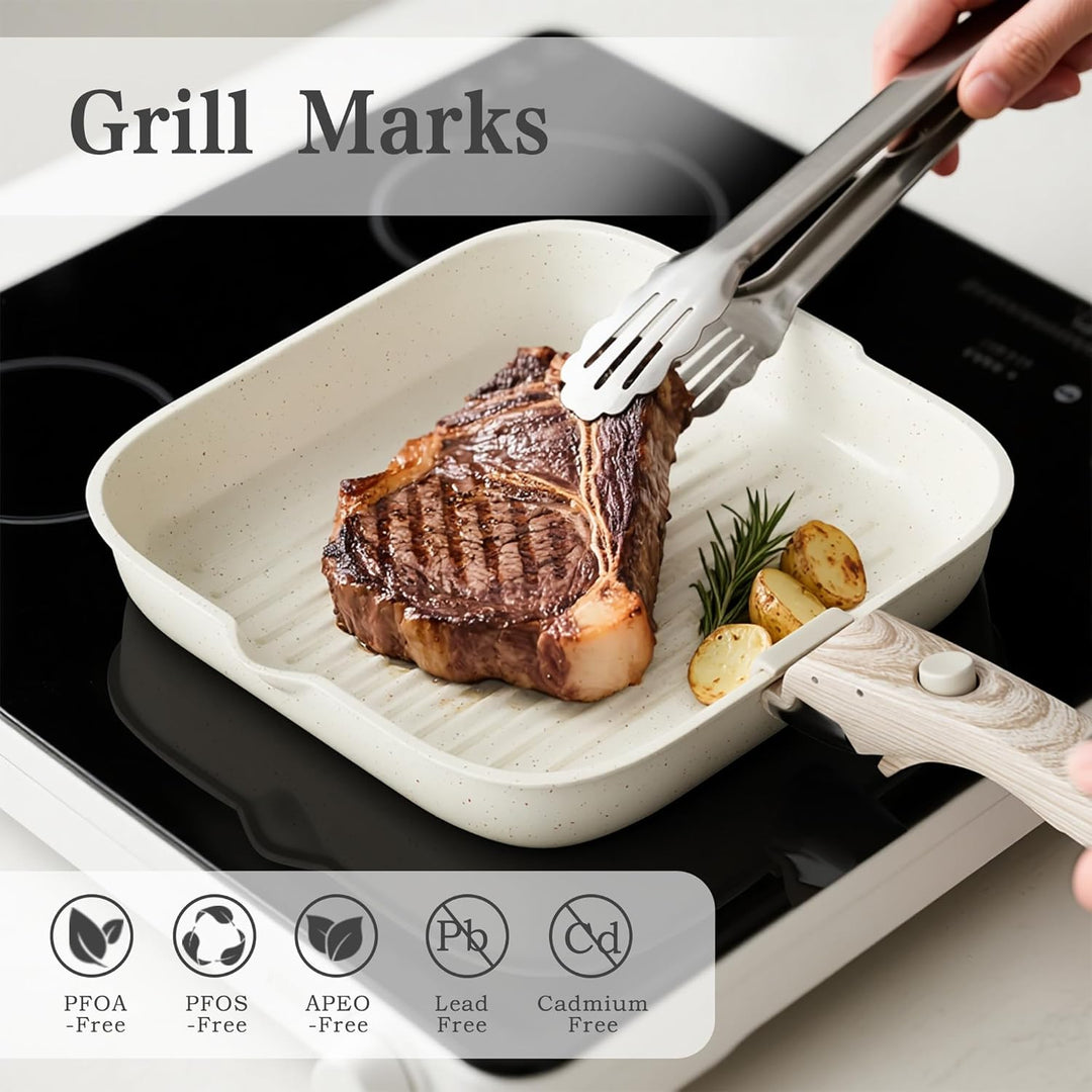 RIOVARM Grillpfanne Induktion 28 cm mit abnehmbaren Griffen, Antihaft Steakpfanne gerillt für alle H